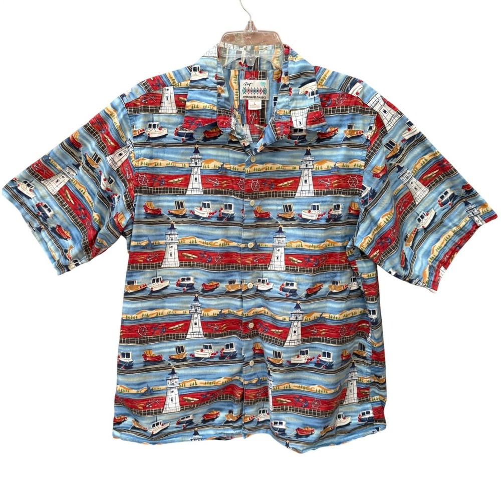 Vintage Reyn Spooner Large Lighthouse Nautical Made in Hawaii 90s Aloha Cotton